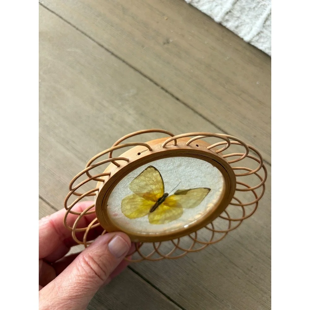 Vintage Bamboo Wicker Coasters Set of 6 Real Pressed Butterfly MCM bar ware